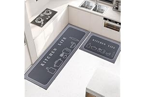 OPLERT 2 Pieces Kitchen Rugs, Non Slip Washable Kitchen Floor Mats, Water-absorbent, for Kitchen Hallway Living Room Bedroom,Black,43x75+43x150cm