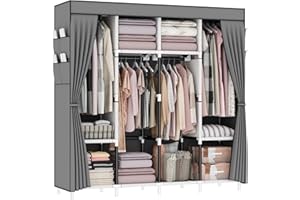 OPPAIYA Canvas Wardrobe, Fabric Wardrobes With 4 Hanging Rails, 4 Compartments and 8 Side Pocket, Zippered Open Wardrobe, Pop up wardrobe 165 x 165 x 45 cm, Great Foldable wardrobes for Bedroom