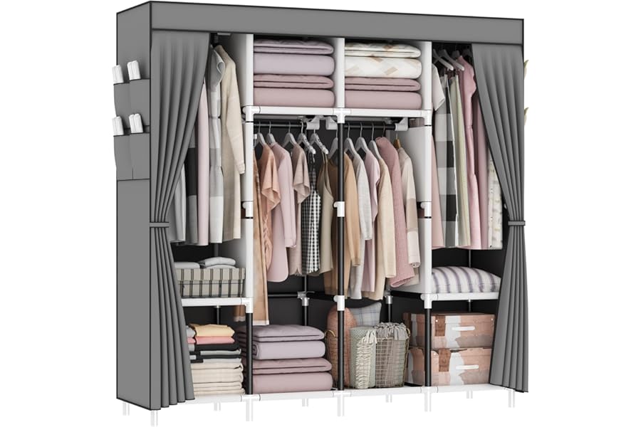 OPPAIYA Canvas Wardrobe, Fabric Wardrobes with 4 Hanging Rails, 4 Compartments and 8 Side Pockets, Zippered Pop Up Wardrobe, Foldable Wardrobes for Bedroom, 165 x 165 x 45 cm