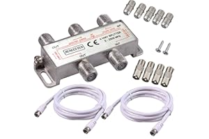 RUNCCI-YUN 4-Voies Répartiteur Large Bande TV CATV d’Intérieur Séparateur MoCA 5-2500MHz avec 2 * 1,5 m de Câble Coax F Prises pour Sky Box Telewest Eurovox Starview Dreambox