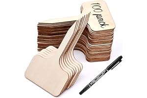 Meff-Mluk 100Pcs Wooden Plant Labels with Marker Pen, 10x6cm Wood T-Type Plant Tags Natural Wood Sticks for Seedling Potted Herbs Vegetables Flowers