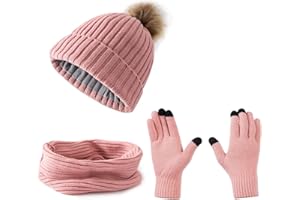 Embouro Damen 3-in-1-Pom-Pom Beanie-Schal-Handschuh-Set, Winterset für kaltes Wetter für Frauen mit abnehmbaren Pom-Poms