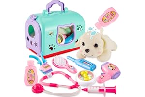 BUYGER Opieka nad zwierzętami, weterynarz, zestaw lekarzy, do odgrywania ról, z klatką, szczeniak, pies, weterynarz, zestaw do zabawy, zabawka z narzędziami weterynaryjnymi dla dzieci, prezent