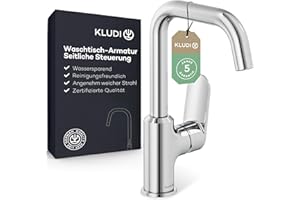 KLUDI-X1 Waschtischarmatur, 360° schwenkbar, Auslaufhöhe 205 mm, wassersparender Wasserhahn Bad Größe L, Keramikkartusche, Mischbatterie Waschbecken inkl. Anschlussschläuche in Chrom