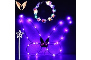 SHENGRUILI LED Feenflügel Leuchtende,Feenflügel Kinder,Schmetterlingsflügel mit Elfenöhren,LED Blumen Stirnband und Sterne Feenstäbe,Fairy Wings,Flügel Fee,für Halloween,Karneval,Party,Fasching Kostüm