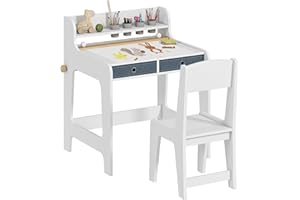 AIYAPLAY Escritorio Infantil con Silla, Pupitre Infantil con 2 Cajones Extraíbles, Estante y Portavasos, para Estudiar, Leer y Dibujar, Mesa para Niños para Dormitorio, Sala Estudio, Blanco