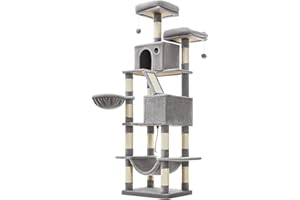 Feandrea Cat Tree, 206 cm Large Cat Tower Condo with 13 Scratching Posts, 1 Scratching Ramp, 2 Perches, 2 Caves, Basket, Hammock, Pompoms, Light Grey PCT190W01V1
