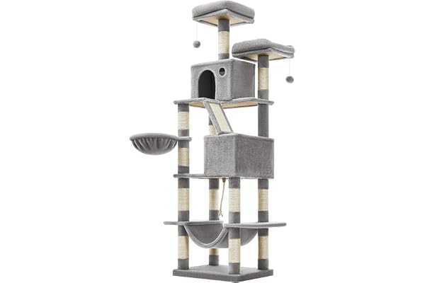 Feandrea Arbre à Chat, Hauteur 206 cm, avec 13 Griffoirs, 2 Plate-Forme, 2 Niches, Panier, Hamac, Pompon, Tissu Peluche, Multi-Niveaux pour Chat d'Intérieur, Gris Clair PCT190W01
