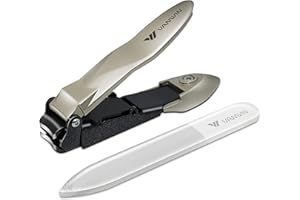 VANWIN Cortaúñas con recogedor, cortaúñas sin salpicaduras con hoja curva afilada y lima de uñas de vidrio, cortador de uñas de acero inoxidable para adultos hombres mujeres