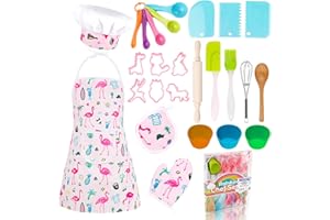 KAEGREEL Cucina Giocattolo per Bambini, 26Pz Set Utensili Cucina da Forno con Grembiule Fenicottero/Cappello Chef/Cucchiai/Frullino, Regali di Ruolo da Chef per Ragazzi Ragazze 3+ Anni