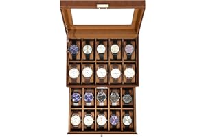 Uten Watch Box 20 Slots, 2-Tier Watch Case with Key Lock, Glass Lid, Watch Display Storage Box for Men and Women, Brown Synthetic Leather, Brown Velvet Lining, Removable Pillows, Gift Idea