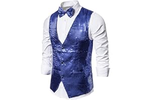 RTGSE Mens Sequins Dress Suit Vest Waistcoat Slim Fit Single-Breasted V Neck Sparkly 2Pcs Bowtie Waistcoat Vest for Stage