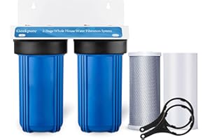 Geekpure Sistema de filtro de agua de 2 etapas para toda la casa con carcasa azul de 10 pulgadas - 4,5" x 10" PP + carbono - Puerto de 1"