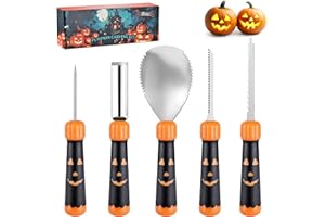 HAUSHOF Kürbis Schnitzset 5-tlg., Halloween Kürbis Professionelle Schnitzwerkzeuge mit Tasche und Muster, DIY Halloween Kürbis Schnitzmesser aus Edelstahl für Halloween Deko