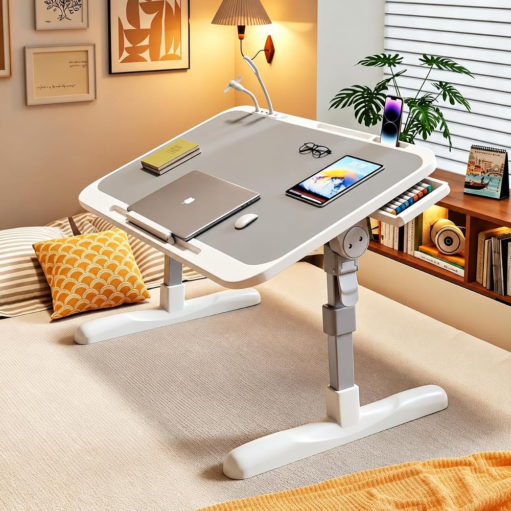 McStorey Yükseklik ve Açı Ayarlı Katlanabilir Laptop Masası, 60x40 cm Dizüstü Bilgisayar Sehpası, 3 Port USB Hub, USB Fan, LED Aydınlatma, Çekmeceli Gri