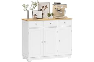 HOMCOM Modern Sideboard with Rubberwood Top, Buffet Cabinet with Storage Cabinets, Drawers and Adjustable Shelves for Living Room, Kitchen, White