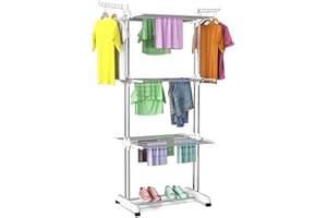Innotic Tendederos de Ropa de 4 Niveles con Ruedas Amplio Espacio de Secado Tendederos Plegables Tendedero para Ropa de Interior y Exterior, (Blanco y Gris)