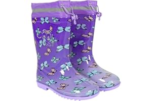 PERLETTI Bottes de Pluie Lilas Détails Réfléchissants Fille - Bottines Galoches Violet Gris Papillon Coloré - Chaussure Enfant Impérmeable Semelle Antidérapante Protection Neige (Papillon