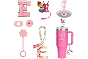 FIDWALL 6PCS Accessori personalizzati per Stanley Cup, Decorazioni con iniziali per tumbler Stanley, Adesivo con lettera per Stanley Cup, Ciondolo con lettera,Cappuccio di copertura per cannuccia e tappo (E)