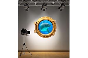 60 Second Makeover Limited Full Colour Brass Porthole Dolphin V2 Under Water Bathroom Kids Bedroom Wall Sticker Decal Sea Ocean Decoration