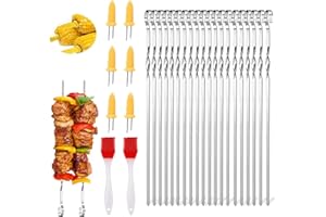 FYZSJWL Grillspieße Edelstahl,20 Stücke Grillspieße,30cm Schaschlikspieße Wiederverwendbare Grill Kabob,grillspieße aus rostfreiem edelstahl,Silikonölbürste mitgeliefert und Maiskolbenhalter-Set