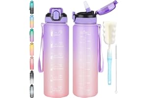 CodiCile 1L Water Bottle with Straw,Water Bottle Dishwasher Safe,Leak-proof Sports Drinks Bottle with Time Maker & Bottle Brush,Non-Toxic for Running,cycling, Gym, School & Office,Purple Pink