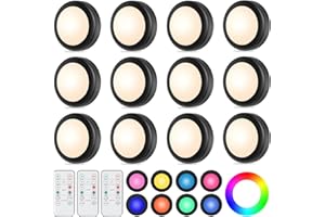 WUYOR LED Schrankbeleuchtung Unterbauleuchte Kabellos, RGB Spots Batterie Dimmbare mit Fernbedienung 16 Farben, Timer, LED vitrinenbeleuchtung mit Batterie, 12 Stück, Schwarz