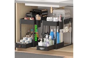 HI NINGER 2 Pack 2 Tier Kitchen Organiser Set, Under Sink Shelf, Drawer Organiser, Liftable Sink Shelf with 8 Hooks, 16 Non-Slip Pads & 2 Hanging Cups