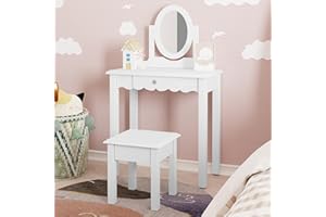 HOLTICO Kids Dressing Table, White Kids Vanity Makeup Table with Mirror and Chair, Children's Dressing Tables with 2 in 1 Detachable Mirror Children's Day Gift for Girls