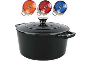 ANDREW JAMES Cast Iron 5L Round Casserole Dish with Lid – Enamel Coated Dutch Oven for Bread Baking, Stews, Roasting & Braising – Oven Proof Cast Iron Pan, No Seasoning Required (Black)