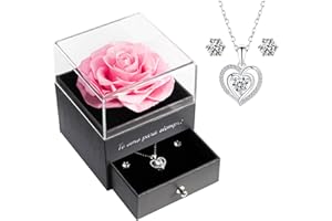 Yamonic Rosa Eterna con Collar y Pendientes de Plata de Ley 925 Mujer,Regalo Dia de la Madre, Rosa Eterna Natural Preservada,Rosa Real Regalo Mama,Regalos Originales para Mujer,Te Amo para Siempre