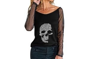 TRIGLICOLEUM Pullover Damen Mesh Langarm T-Shirt Gothic Totenkopf Motiv Oberteile mit Heißes Bohren Halloween Kostüm Rundhals Bluse Tops Herbst Winter Leichte Longshirt Tunika Blusenshirt