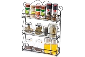 EZOWARE Soporte Especiero Organizador, Estante metálica de pared con 3 niveles para Botes de Especias, Cocina Armario y la despensa - Negro