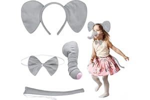Fennoral 4tlg Elefanten Kostüm Kinder Tierkostüm Elefantenrüssel Schwanz Fliege Elefantenohren Stirnband für Kindergeburtstag Karneval Halloween Fasching Party