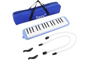 Flexzion Melodica 32 Tasten Pianica Blasklavier Tastatur Mundharmonika Blasinstrument Tragetasche, 2 lange Rohrmundstücke, 2 Trompete Mundstück Bausatz Anfänger Kinder Spaß Musikgeschenk, Blau