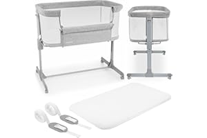 Moby-System Luna 3in1 Babybett & Kinderreisebett mit Matratze - Höhenverstellbares Baby Reisebett, Beistellbett bis 9 kg, Abnehmbare Seitenwand, 4 Transporträder, Grau