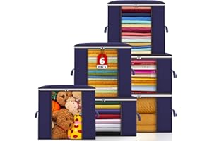 POWZOO 6 Stück Groß Aufbewahrungstasche,Kleideraufbewahrung Umzugskartons,Aufbewahrungsbox mit Deckel,Verstärkte Griffe nicht leicht zu reißen,Faltbare Aufbewahrung Boxen,für Bettdecken,Kleidung(Blue)