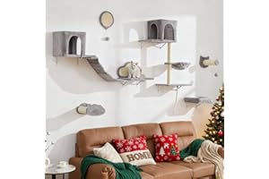 BYBYME Kratzbaum Wand Mit HäNgematte Und Bett, Hohe Katzenregale FüR Mehrere Katzen, PlüSch-Sitzstange, Kratzbrett Und Sisal-Beschichtete Pfosten, 6PCS Langlebiges KatzenklettermöBel (Hellgrau)