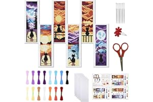 FREEBLOSS 6 Set de Marque Pages au Point de Croix Kit de Broderie au Point de Croix Estampé avec Motifs de Paysage et de Chat Kit de Marque Pages à Faire Soi Même avec Instructions