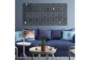 XEMZ Chinese Style Hollow-Out Window Pattern Self-Adhesive Acrylic Mirror Wall Sticker, 8Pcs DIY Art Decals Murals Plastic Wall Tiles Sticker, Home Wall Decoration for Living Room Bedroom Office (Black)