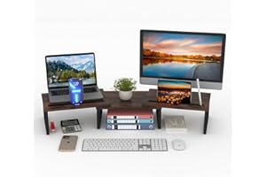 HORLIMER Dual Monitor Stand Riser for Desks, Adjustable Length and Angle Computer Monitor Stand with 2 Slots, Wood Desktop Organizer Stand (Brown)
