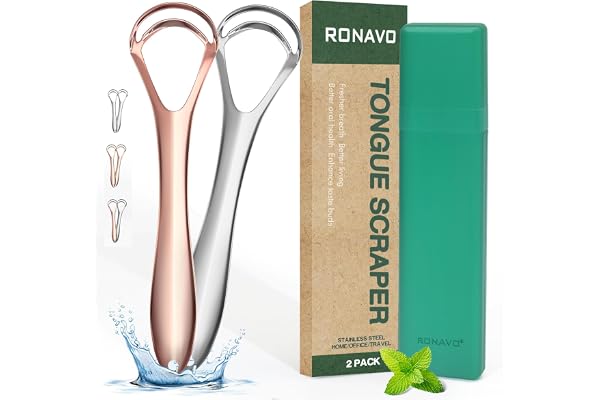 RONAVO Gratte Langue pour adultes, 2Tongue Scraper Aacier Inoxydable guérit la mauvaise haleine, pour une haleine fraîche en quelques secondes (2 Color, inclus Étui pratique)