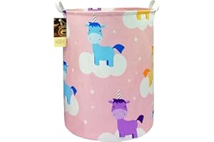HUNRUNG Laundry Hamper,Large Canvas Fabric Lightweight Storage Basket Toy Organizer Dirty Clothes Collapsible Waterproof for College Dorms, Children Bedroom,Bathroom(Round-Pink Unicorn)