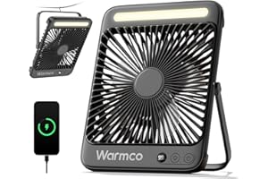 Warmco 20000mAh Tragbarer Camping Ventilator 27cm mit LED-Licht, Ultra-Leise, Dünn, Digitalanzeige, Bis zu 48H Laufzeit für Outdoor, Reisen, Büro, Schlafzimmer