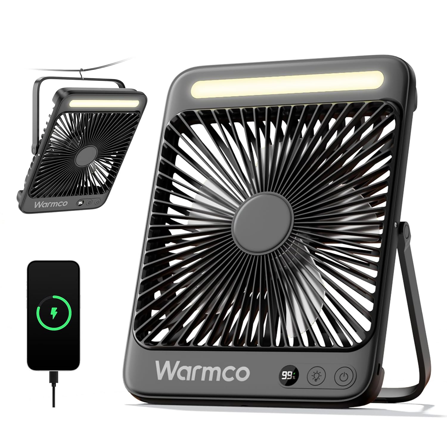 Warmco D4 Akku Camping Ventilator 20000mAh, LED-Lampe, 48 Std. Laufzeit | Leiser Ultraflacher Ventilator Mit Display & Haken Für Zelt, Büro, Wohnmobil, Schlafzimmer Und Stromausfall