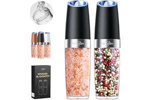 Sangcon Gravity Set di Macinini Elettrici per Sale e Pepe, Alimentati a Batteria,Capacità XL Aggiornata funzionamento con una Sola Mano, Granularità Regolabile, Macinini Automatici, Nero