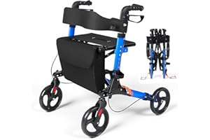 JoyCushy 4 Wheels Rollator Walker with Seat, Folding Rollator Walker with Seat and Wheels, for Elderly & Disabled 8 kg, Adjustable Height 79-91cm with Padded Seat & Dual Brakes & Storage Bag (300 lb)