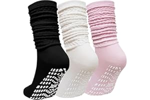 PUTUO Calcetines Yoga Antideslizantes para Mujer : Calcetines Largos Antideslizantes de Algodón hasta la Rodilla para Pilates Deporte Ballet Casa Gimnasio Hospital y Rehabilitación 3 Pares