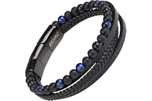 genac Bracelet Pour Homme En Perles De Pierres Naturelles 6mm Et Cuir Véritable Multi Tissé Avec Fermoir Magnétique Amovible En Acier Inoxydable Pour Régler Facilement La Longueur.