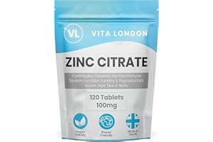 VL VITA LONDON Zinc Tablets 100mg | 4 Month Daily Supply | 120 High Strength Vegan Tablets (Not Capsules) | Made in UK | Zinc Citrate Supplement for Maintenance of Normal Immune System, Bones, Hair, Skin & Nails
